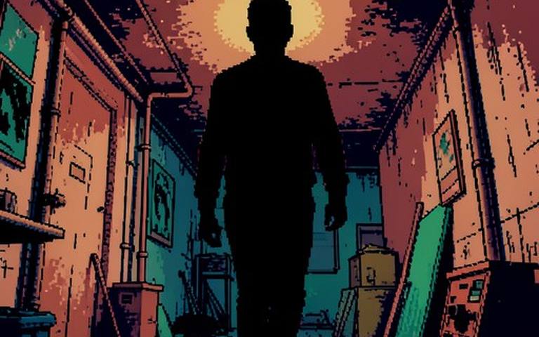 A sleeve from the Beat Lab’s board: a figure walking a lit corridor, drawn in hi-bit pixels.