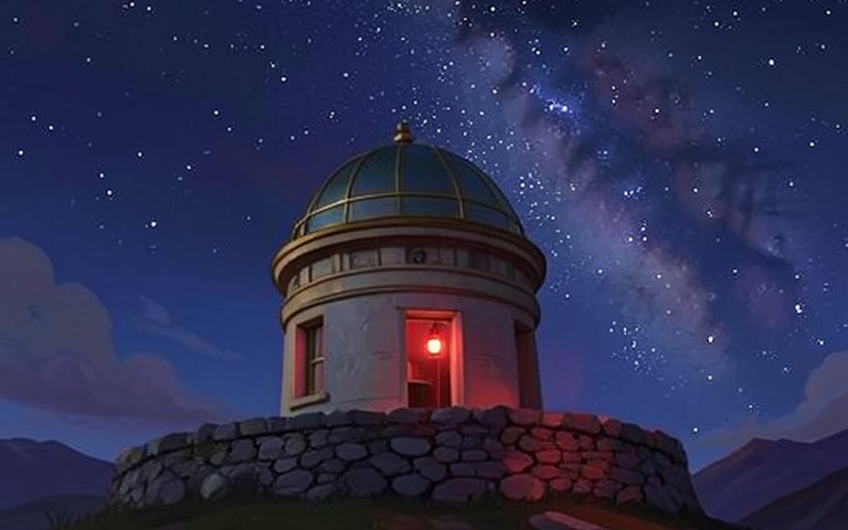 A small stone observatory under the Milky Way, its dome open and one red lamp lit, painted in one of the print lab’s worlds.